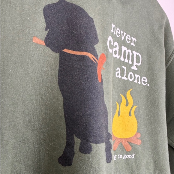 Dog is Good Hoodie Campfire Graphic Green Womens Medium Camping Never Camp Alone - Picture 4 of 7